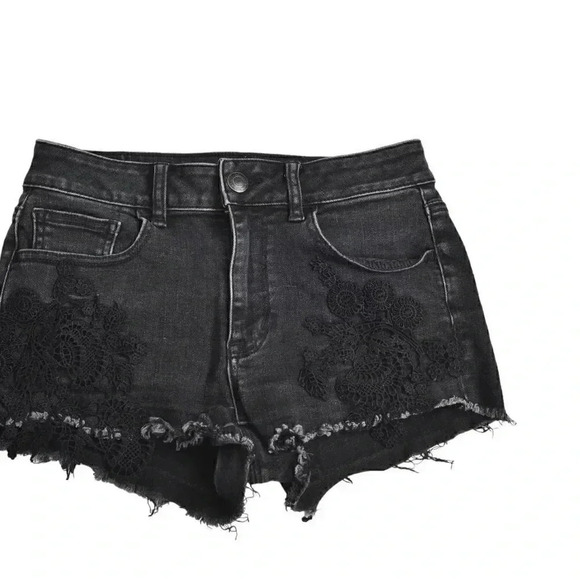 American Eagle Black Hi-Rise Shortie Shorts Lace Detail Super Stretch Size 4 - Picture 6 of 10